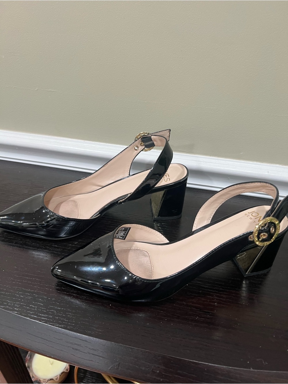Jones New York Black Patent Slingback Block Heel Pumps